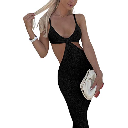 NUFIWI Womens Sexy Knitted Cut Out Spaghetti Strap Long Dresses Halter Neck Backless Maxi Dress Club Party Y2K Streetwear - Black - Large