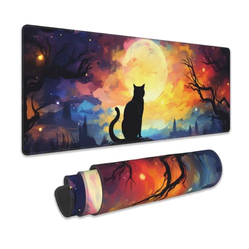 Gaming Mouse Pad, Black Cat Starry Night Extended Mouse Pad Gaming Large, 31.5"x15.7" Big Desk Mat with Non-Slip Base and Stitched Edge, Long Computer Keyboard Mouse Mat for Home Office Work - Black Cat - XXL-31.5x15.7INCH
