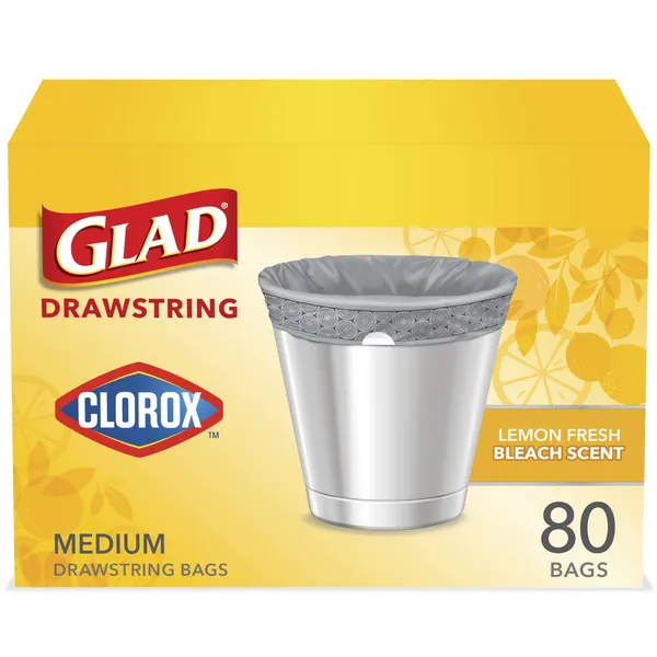 Glad Medium Drawstring Trash Bags with Clorox, 8 Gallon Grey Trash Bags, Lemon Fresh Bleach Scent, (Package May Vary), Lemon, 80 Count
