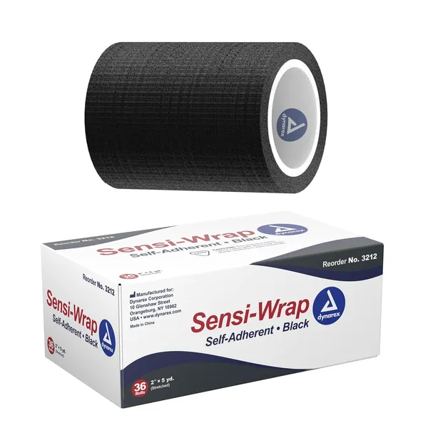 Dynarex Sensi-Wrap Bandage Rolls are a Self-Sticking Wrap Provides Stay in Place Compression. Great for Tough to Wrap Areas of The Body, Over a Bandage or Tattoo. Black, 2” x 5 yds, 1 Box of 36 Rolls