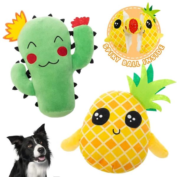 PUPTECK Dog Squeak Toys for Chewers - 2 Pack 2-in-1 Interactive Stuffed Plush Dog Toy with Surprise Ball Inside, Cute Durable Tug and Fetch Toys Pineapple and Cactus Pet Chew Toys for Small to Lagre Dogs
