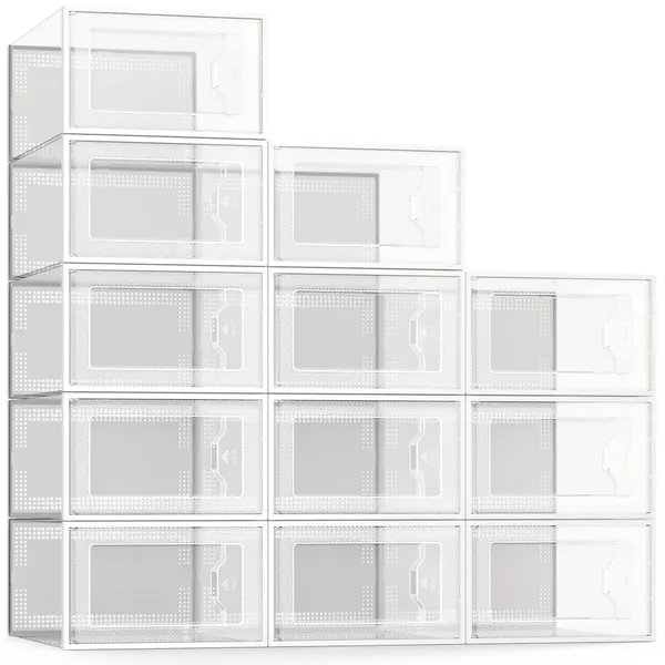 SEE SPRING 12 Pack Shoe Storage Box, Clear Plastic Stackable Shoe Organizer for Closet, Space Saving Foldable Shoe Sneaker Containers Bins Holders