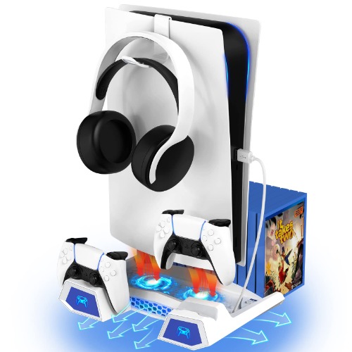 PS5 Stand and Cooling Station with Dual Controller Charging Station Compatible with Playstation 5 Console, PS5 Accessories Incl. Controller Charger, Cooling Fan, Headset Holder, USB Hub, White - 