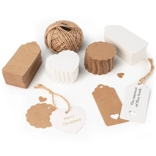 RUAMMER 200stk Geschenkanhänger Kraftpapier Anhänger, Geschenk Anhänger Etiketten Kraftpapier Tags Craft Card mit 30 Meter Jute Schnur für Hochzeit Geschenk Weihnachten