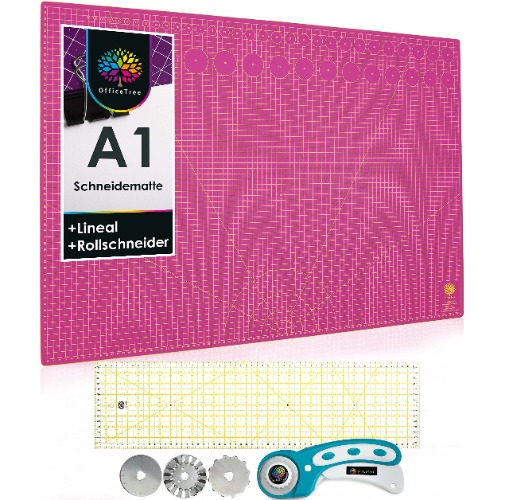 OfficeTree Schneidematte Set A1 90x60 cm + Rollschneider + Lineal 60x16 cm - selbstheilende Schneideunterlage - Bastelmatte A1 für professionelle Schnittarbeiten - Pink/Lila A1 - 90 x 60 cm