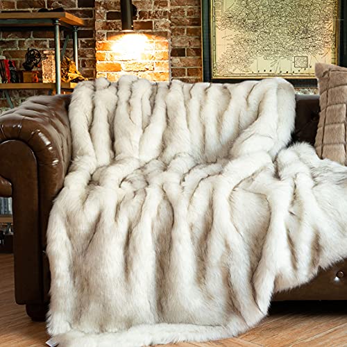 BATTILO HOME Luxury White Faux Fur Throw Blanket Thick Warm Faux Fur Blanket for Couch, Bed, Fuzzy Cozy, Fluffy Blanket Fox Fur Throw White with Black Tip, Minky Blanket, 51"x67" - White & Black - 51"x67"