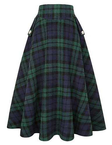 IDEALSANXUN Women’s Fall Winter High Waisted Wool Plaid A-line Long Skirt - Small - Plaid Green