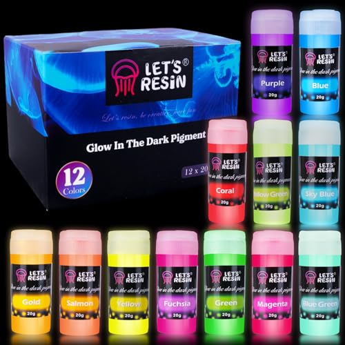 LET'S RESIN 12 Colors Glow in The Dark Pigment Powder - 20g/0.7oz Each Bottle Epoxy Resin Luminous Pigments for Slime, Nails, Acrylic Paint, Halloween Decoration,Art,and DIY Crafts