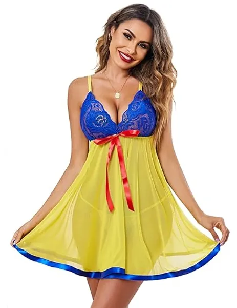 Avidlove Women's Lingerie Lace Babydoll Strap Chemise Mesh Sleepwear Outfits - Medium - B Snow White