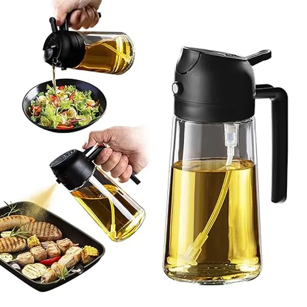 TrendPlain 16oz/470ml Olive Oil Sprayer for Cooking - 2 in 1 Olive Oil Dispenser for Kitchen Gadgets, Air Fryer, Salad, and BBQ - Black - Black