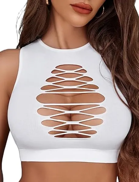 Avidlove Women's Fishnet Top Sexy Cut Out Crop Short Hollow Out Cropped Tank Top(S M L) - One Size - White
