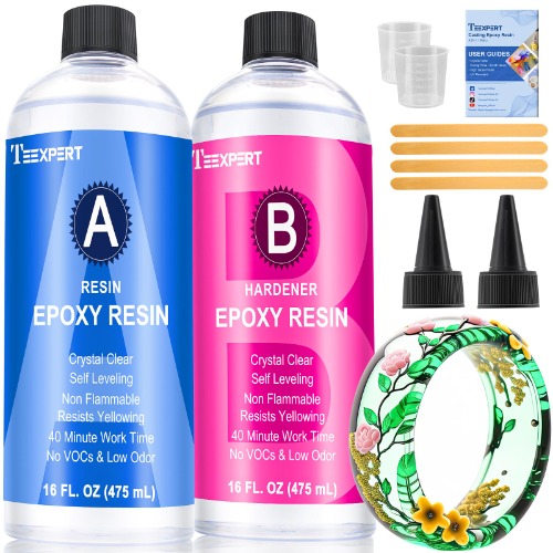 Epoxy Resin Crystal Clear Kit, 32oz/950ml Casting Resin for Jewellery DIY Resin Coating Easy Cast Epoxy, with Instructions/Bonus Sticks/Graduated Cups/Beak Cover/Dropper/Gloves - 32OZ