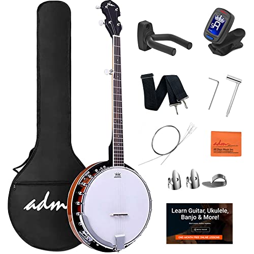 ADM 5 String Full Size Banjo Guitar Kit with Remo Drum Head and Geared 5th Tuner, 24 Bracket Beginner Banjoe Set Gift Package with Free Lessons & Starter Accessories for Adult Teenager, Large Size - Large Size