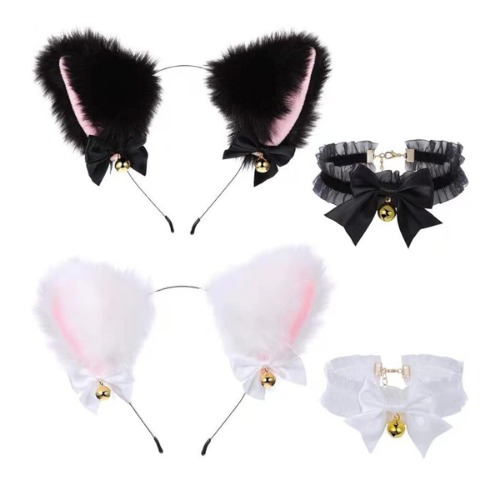 2 Piece Set Cute Cat Ears Headband,with Bells Bows Cute Anime Plush Furry Ear for Halloween Cosplay Party Fashionable Hairband for Women & Girls