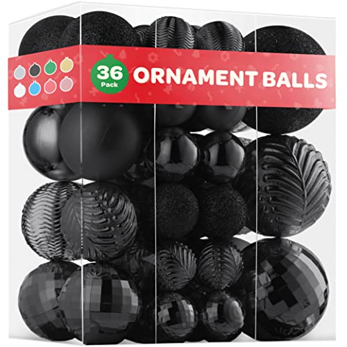 Christmas Ornaments Set of 36 - Beautiful [Black] Christmas Tree Decorations Ornaments Set - 6 Style Christmas Ball Ornaments - Shatterproof/Pre-Strung - for Holiday/Party/Decorations/DIY - 36 Combo: 1.57" - 2.36" - 3.15" - Black