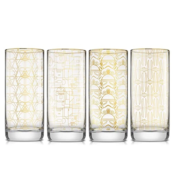 JoyJolt Star Wars Glassware. 'Deco' Highball Glasses Set of 4, 13.5oz Star Wars Glasses. Highball Glass Tumbler with Darth Vader in a Retro Crystal Glass Cup. Tall Drinking Water Glasses For Kitchen
