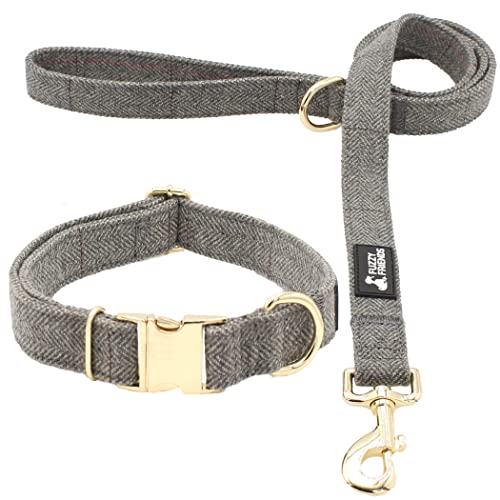 Fuzzy Friends Grey Wool Dog Collar and Leash Set. A Hypoallergenic, Soft, Designer Dog Leash and Collar Set with Metal Buckle and Leash Clasp. A Great Luxury Dog Collar for Females or Males. - Medium - Grey Tweed Set
