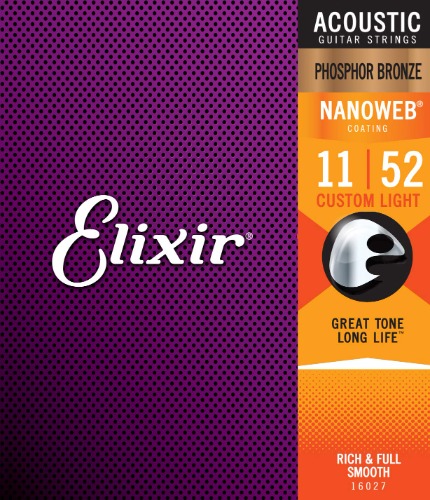 Elixir Strings Phosphor Bronze Acoustic Guitar Strings w NANOWEB Coating, Custom Light (.011-.052) - Cust. Lt. (.011-.052) Single Set Guitar Strings
