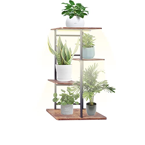 Solatmos Metal Plant Stand with Grow Lights Multiple Flower Planter Pot Holder Shelf Rack Display for Patio Garden Corner Balcony Living Room (4 Tier-5 Potted, Black wood with iron) - 4 Tiers Retro Wood
