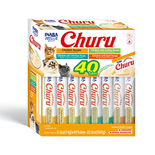 INABA Churu Cat Treats, Grain-Free, Lickable, Squeezable Creamy Purée Cat Treat/Topper with Vitamin E & Taurine, 0.5 Ounces Each Tube, 40 Tubes, Chicken Variety Box - Chicken Variety Box - 0.5 Ounce (Pack of 40)
