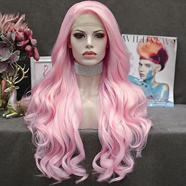 IMSTYLE Pink Lace Front Wigs Long Wavy Synthetic Wig for Women Natural Hairline Mera Cosplay Party Halloween Heat Resistant Hair 26inch
