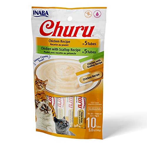 INABA Churu Cat Treats, Grain-Free, Lickable, Squeezable Creamy Purée Cat Treat/Topper with Vitamin E & Taurine, 0.5 Ounces Each Tube, 10 Tubes Total/Two Flavors, Chicken Variety - Chicken Variety