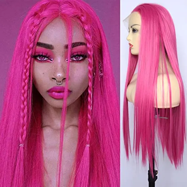 BLUPLE Fashion Pink Lace Front Wigs Long Straight Heat Resistant Hot Pink Red Synthetic Hair Half Hand Tied Replacement Wigs 22 Inches for Women Cosplay Daily Wear