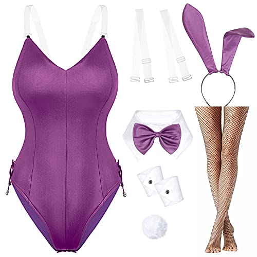 Womens Bunny Girl Suit Anime Role Costume senpai Cosplay Bodysuit One Piece stockings set（Purple 2XL) - XX-Large - Purple