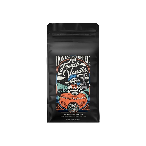 Bones Coffee Company French Vanilla Flavored Ground Coffee Beans | 12 oz Flavored Coffee Gifts | Low Acid Medium Roast Gourmet Coffee Beverages (Ground) - French Vanilla 12 oz Ground Coffee