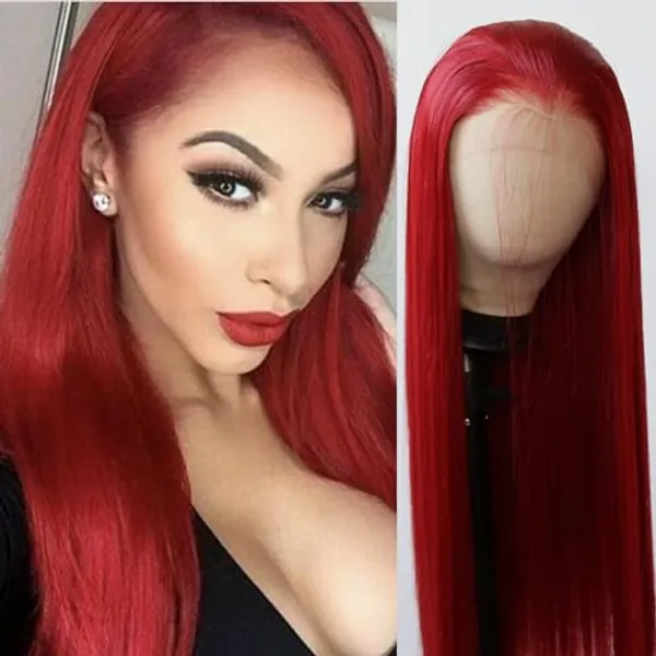 BTWTRY Red Synthetic Lace Front Wig Long Straight Dark Red Lace Front Synthetic Wig Pre Plucked Natural Hairline Glueless Heat Resistant Fiber Hair Wig for Fashion Women (Red)