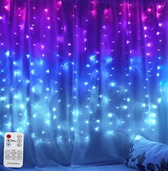 Curtain Lights Purple Pink Blue Ombre Fairy Lights with Remote&Dimmer LED string curtain lights for Girls Kid Unicorn Mermaid Decor fairy Lights for Bedroom Frozen Theme decor teen girl room light