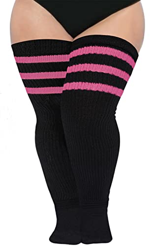 Abodhu Plus Size Thigh High Socks for Thick Thighs Women- Extra Long Widened Extra Long Thick Knit - Black+ Pink Striped