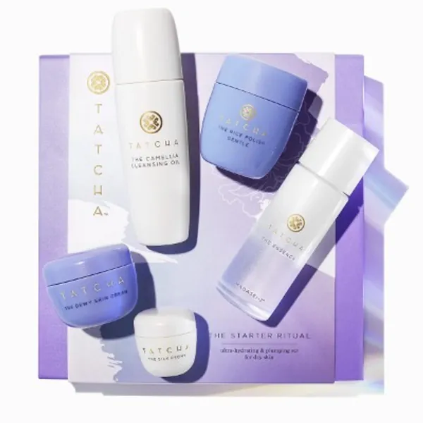 Tatcha The Starter Ritual Set - Ultra Hydrating for Dry Skin: Includes Pure One Step Camellia Cleansing Oil, The Rice Polish: Gentle, The Essence, The Dewy Skin Cream  The Silk Peony