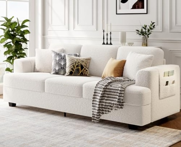 KKL Deep Seat Sofa 89" with Throw Pillow, Modern Sofa, Couches for Living Room, Comfy Sofa, Sleeper Couch, Bouclé, Offwhite - Offwhite - 89 inch
