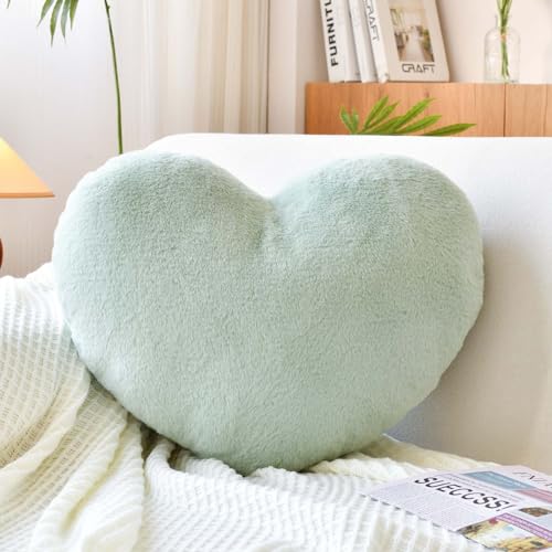 XVTRU Soft Heart Shaped Pillows, Cute Beige Heart Decorative Pillow, 12.9"x9.8" Heart Plush Cushion, Faux Rabbit Fur Room Decor Throw Pillow for Couch Bed Women Valentine's Day Xmas Gift - Sage Green - Mini-12.9"x9.8"