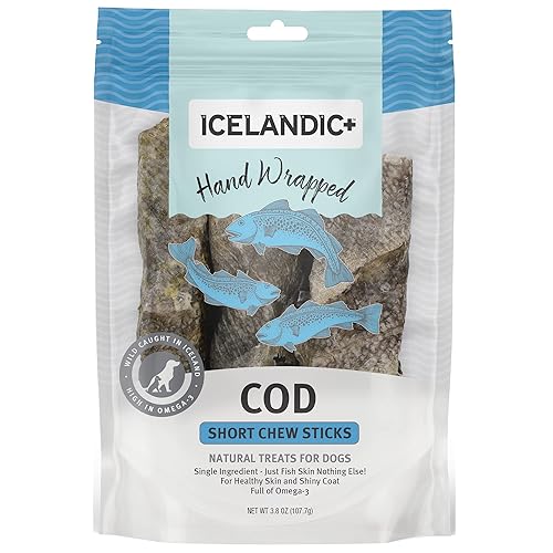 Icelandic+ Cod Skin 5" Short Hand Wrapped Dog Chew Stick, 3-Pack, 2.8-oz Bag - Short Hand - 1 Count (Pack of 1)