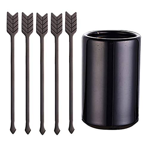 5'' 5Pcs Stainless Steel Coffee Stir Sticks with Stirrers Holder, Metal Coffee Stirrer Reusable, Beverage Drink Cocktail Stirrer Swizzle Stirring Sticks Black - Black