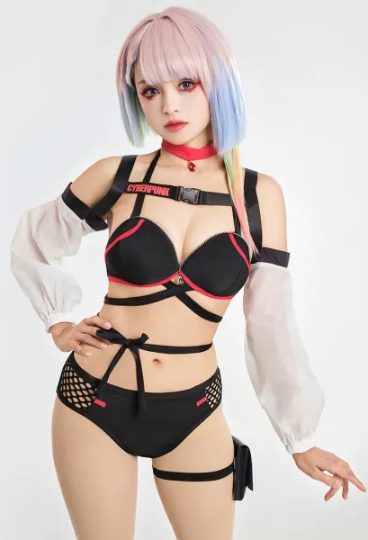 Cyberpunk Lucy Derivative Sexy Swimsuits Lace-up Swimwear Top and Bottoms Bikini Sets with Choker and Cover-up