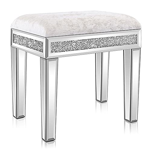 VINGLI Mirrored Vanity Stool with Storage, Upholstered Velvet Ottoman, Makeup Dressing Table Bench with Sparking Diamonds, Silver - Velvet Vanity Stool