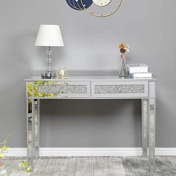 Karl home Mirrored Desk with 2 Drawers Silver Console Table Mirror Sofa Table with Crystal Inlay Front for Living Room, Entryway, Foyer, 42 Inch - 2-Drawer - 42 Inch
