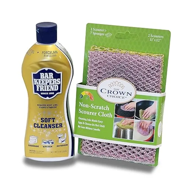 BAR KEEPERS FRIEND Soft Cleanser Liquid (13 OZ) and Non Scratch Scouring Scrubber Kit | Multipurpose, Stainless Steel, Rust, Soft Cleaner with Heavy Duty Non Scratch DishCloth