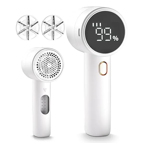Fabric Shaver, Lint Remover Rechargeable, Electric Portable Sweater Defuzzer with 3 Speeds, 6 Leaf Blades, Digital LED Display to Remove Pilling for Clothes, Furniture, Sweater, Couch, Blanket - White
