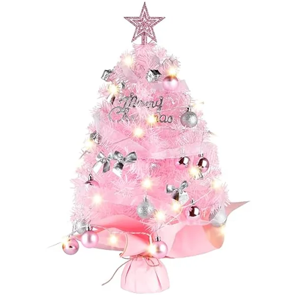 Tabletop Christmas Tree with Lights, Migaven 24inch/2ft Mini Pink Christmas Tree with Star Led String Light for Home Desktop Xmas Tabletop Decoration Pink