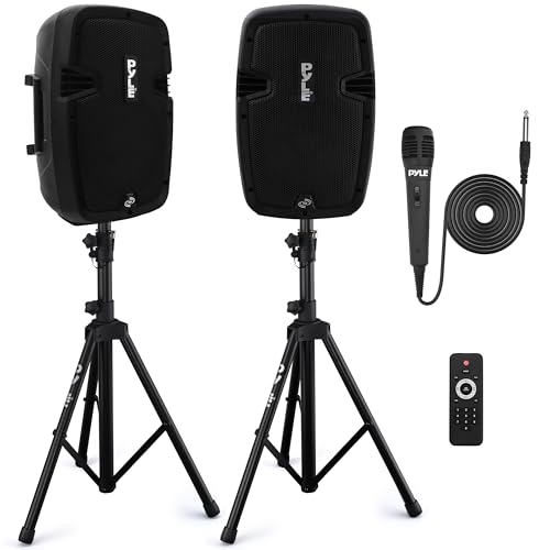 Pyle Powered PA Speaker System Active & Passive Bluetooth Loudspeakers Kit with 8 Inch Speakers, Wired Microphone, MP3/USB/SD/AUX Readers, Speaker Stands,Remote Control - Pyle PPHP849KT Black - 8 in - 2 Speaker - Loudspeakers Kit