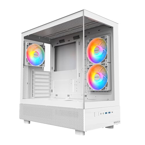 MONTECH XR, ATX Mid-Tower PC Gaming Case, 3 x 120mm ARGB PWM Fans Pre-Installed, Full-View Dual Tempered Glass Panel, Wood-Grain Design I/O Interface, Support 4090 GPUs, 360mm Radiator Support, White - XR White
