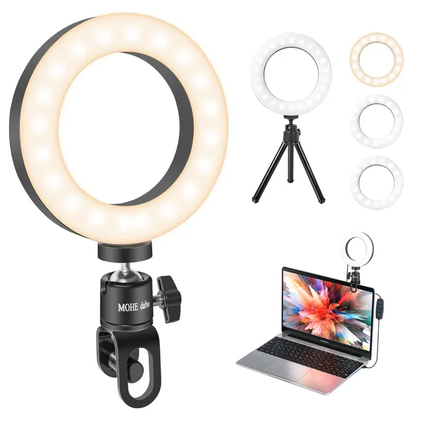 Laptop Ring Light, 4.5" Ring Light with Tripod and Clip, Video Conference Light, 3 Lighting Modes, 10 Brightness, 360° Rotation Ring Light for Video Calling, Selfie, Live, Streaming, Reading, Makeup