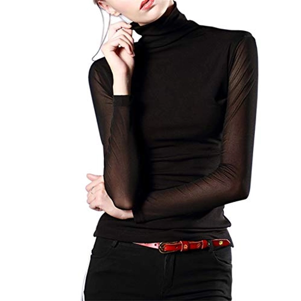 Anbenser Women's Turtleneck Top Long Sleeve Slim Fit Shirts Mesh Sheer See Through Casual Blouse
