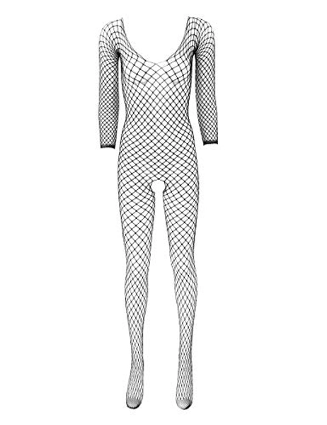 vastwit Women's Sexy Fishnet Hollow Out Pantyhose Scoop Neck Long Sleeves Full Body Stocking Bodysuit