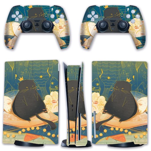 BelugaDesign Fat Cat Skin PS5 | Leaves Animal Anime Cartoon | Cute Kawaii Vinyl Cover Wrap Sticker Full Set Console Controller | Compatible with Sony Playstation 5 (PS5 Disc, Multicolored) - PS5 Disc Multicolored