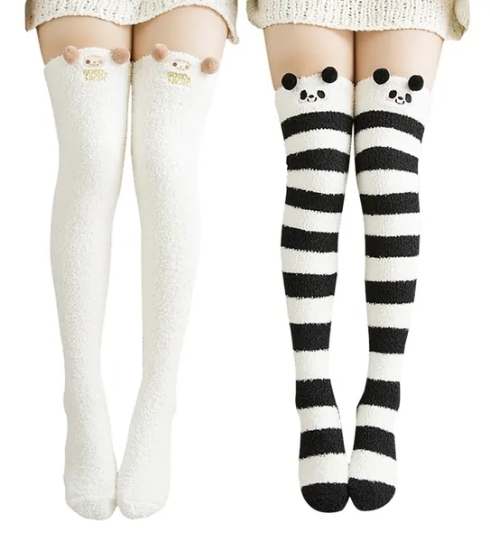 Urban CoCo Women's Cartoon Fuzzy Socks Winter Warm Over Knee High Socks (2 pack-A) - 